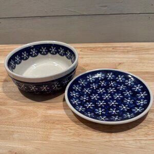Boleslawiec Handmade SNOWFLAKES Cereal Bowl & Salad Plate Blue and White